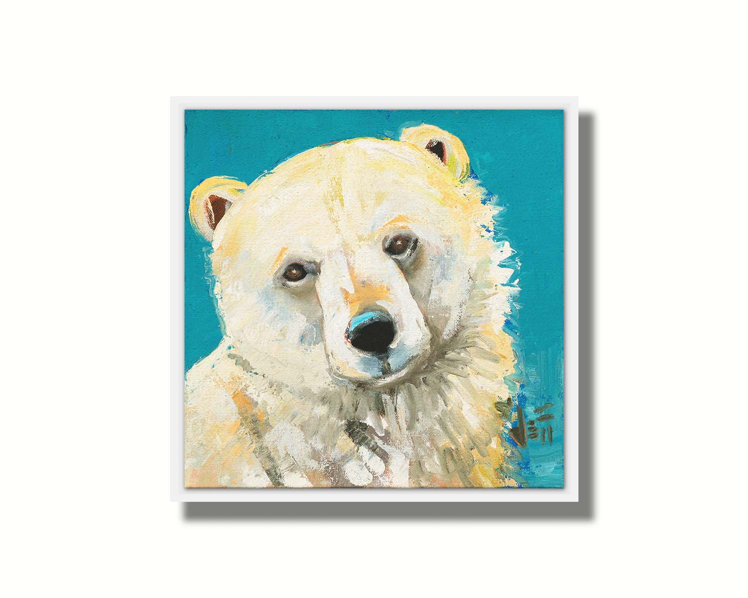 A painting of a fluffy white polar bear, set against a bright blue background. Printed on canvas in a float frame.