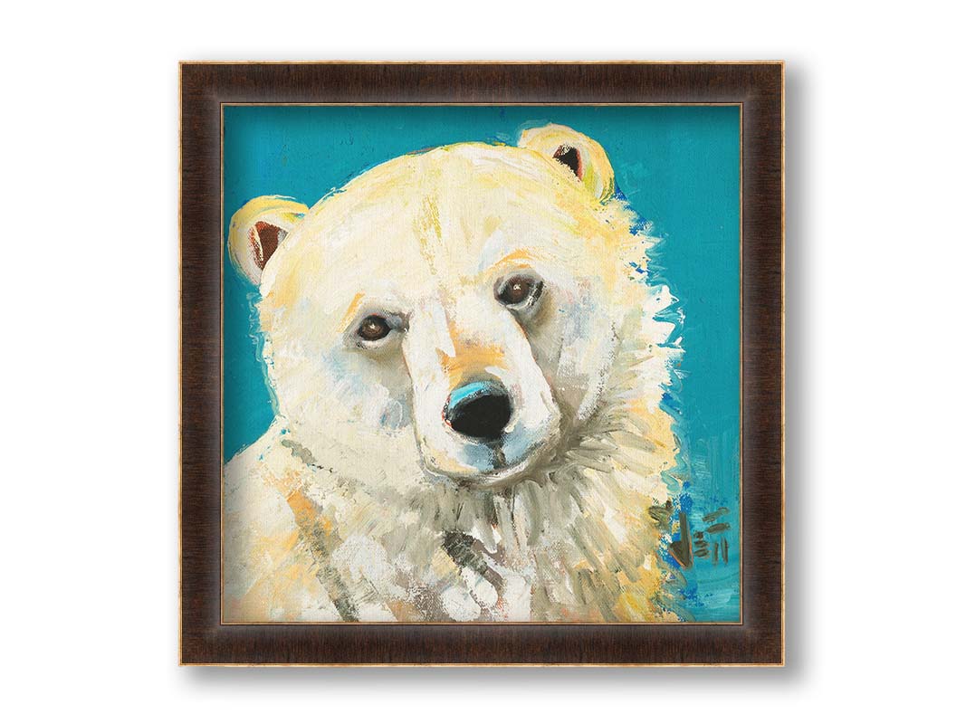 A painting of a fluffy white polar bear, set against a bright blue background. Printed on canvas and framed.