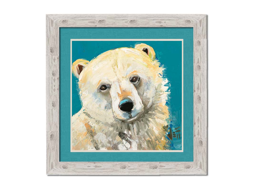 A painting of a fluffy white polar bear, set against a bright blue background. Printed on paper, matted, and framed.