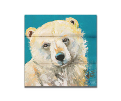 A painting of a fluffy white polar bear, set against a bright blue background. Printed on a box board.