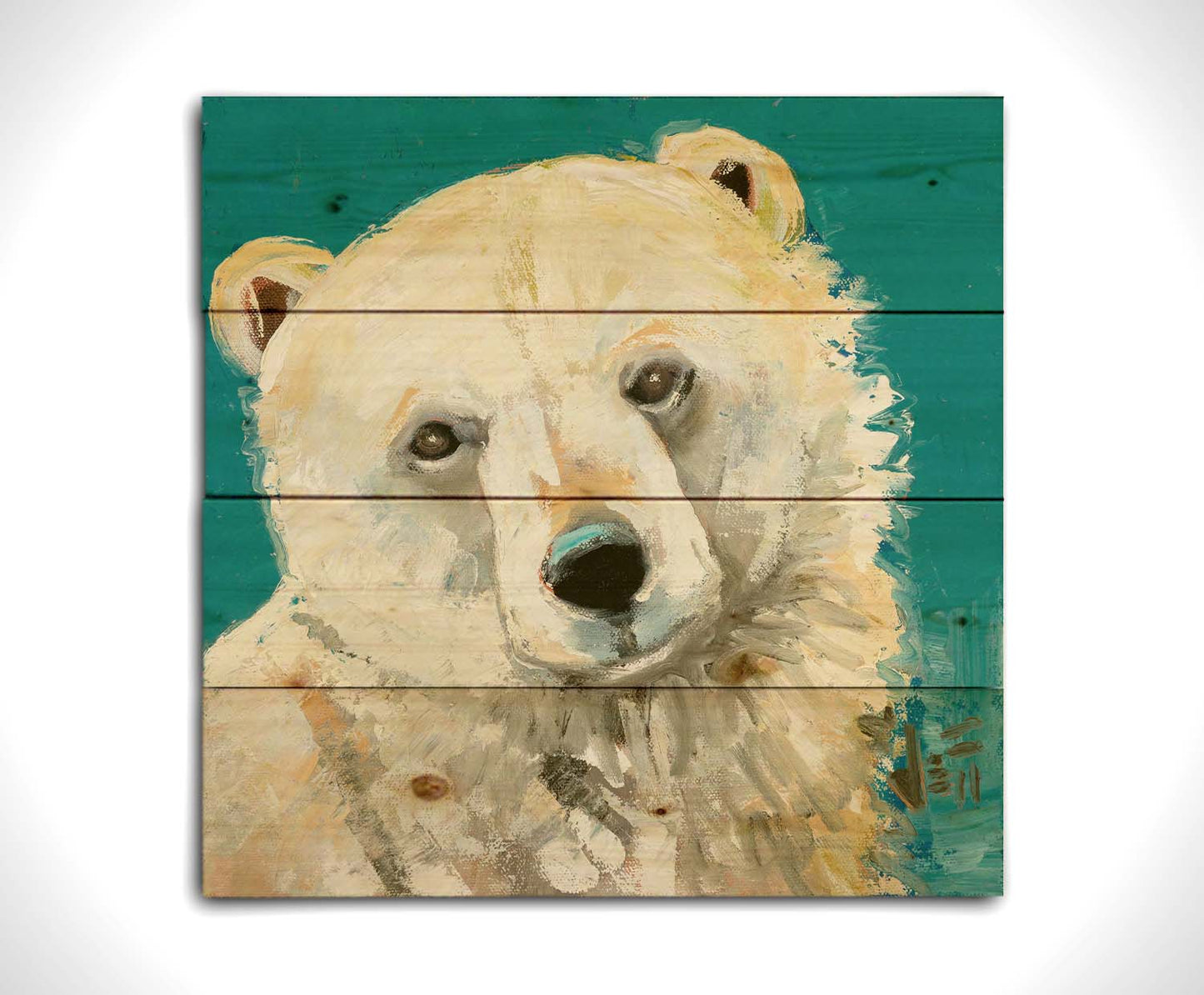 A painting of a fluffy white polar bear, set against a bright blue background. Printed on a wood pallet.