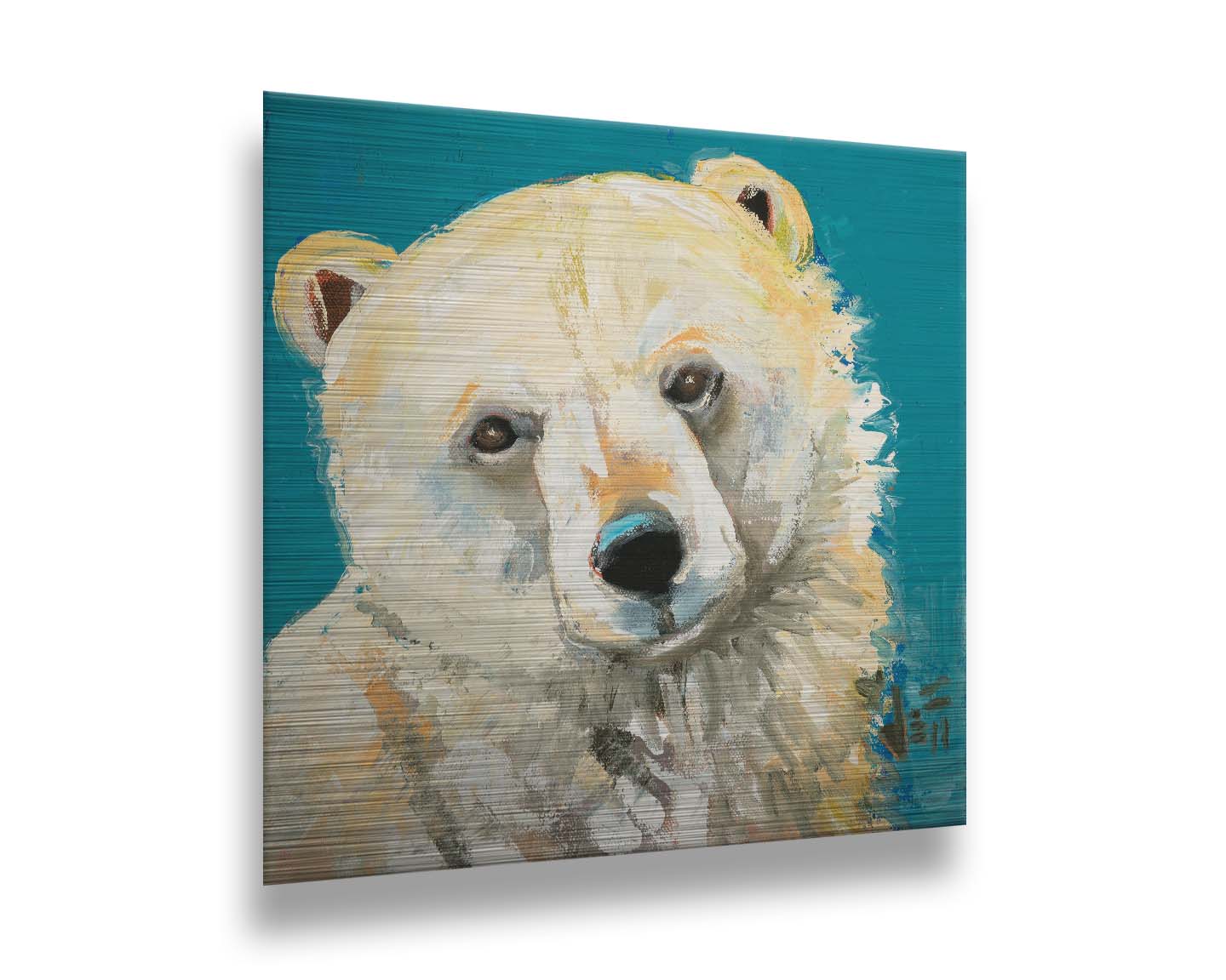 A painting of a fluffy white polar bear, set against a bright blue background. Printed on metal.