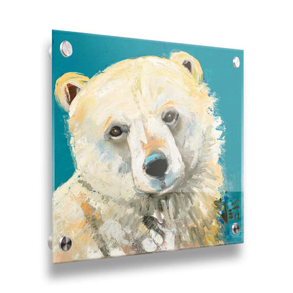 A painting of a fluffy white polar bear, set against a bright blue background. Printed on acrylic.