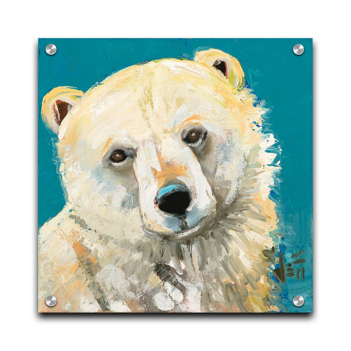 A painting of a fluffy white polar bear, set against a bright blue background. Printed on acrylic.