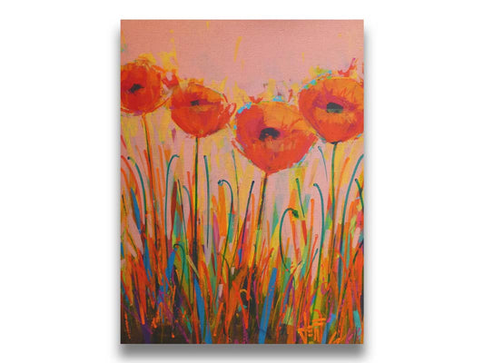 A painting of four red poppies, their stems and leaves portrayed in a rainbow of colors. They are set against a dusty pink background. Printed on canvas.