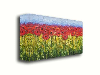 A highly textured, vibrant painting of a field of bright red poppy flowers. Printed on canvas.