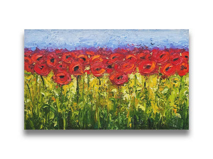 A highly textured, vibrant painting of a field of bright red poppy flowers. Printed on canvas.