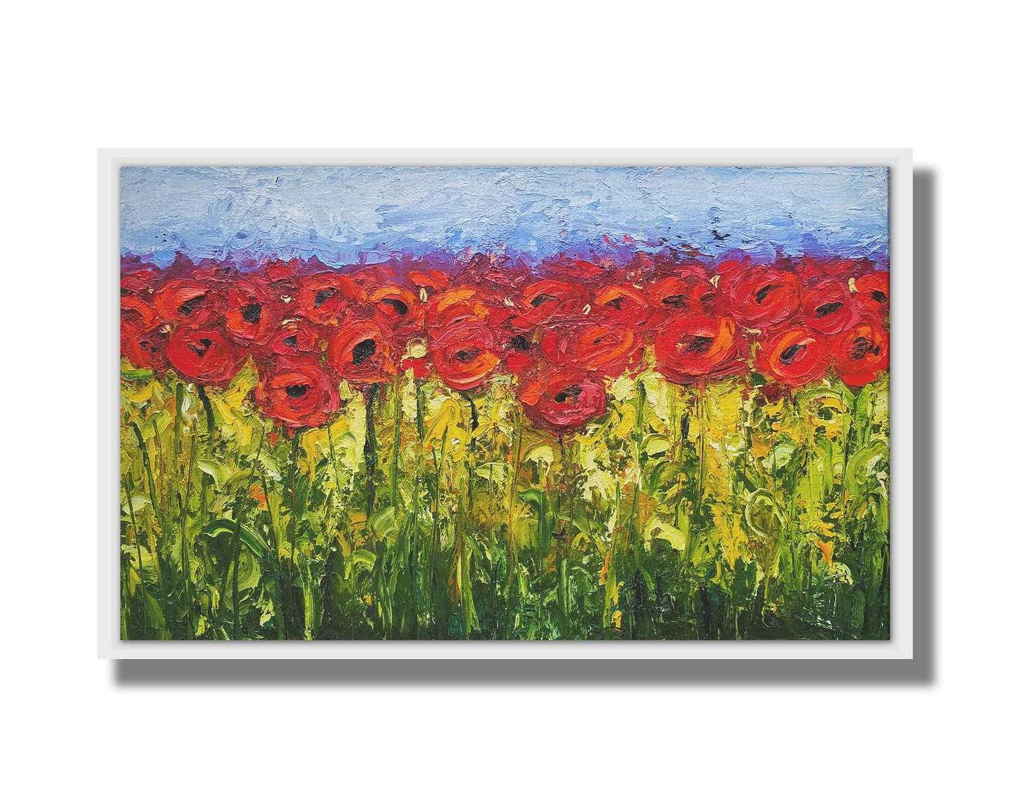 A highly textured, vibrant painting of a field of bright red poppy flowers. Printed on canvas in a float frame.