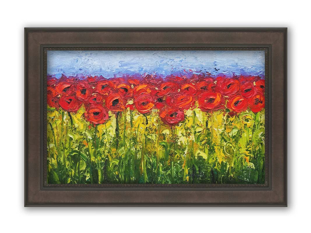 A highly textured, vibrant painting of a field of bright red poppy flowers. Printed on canvas and framed.