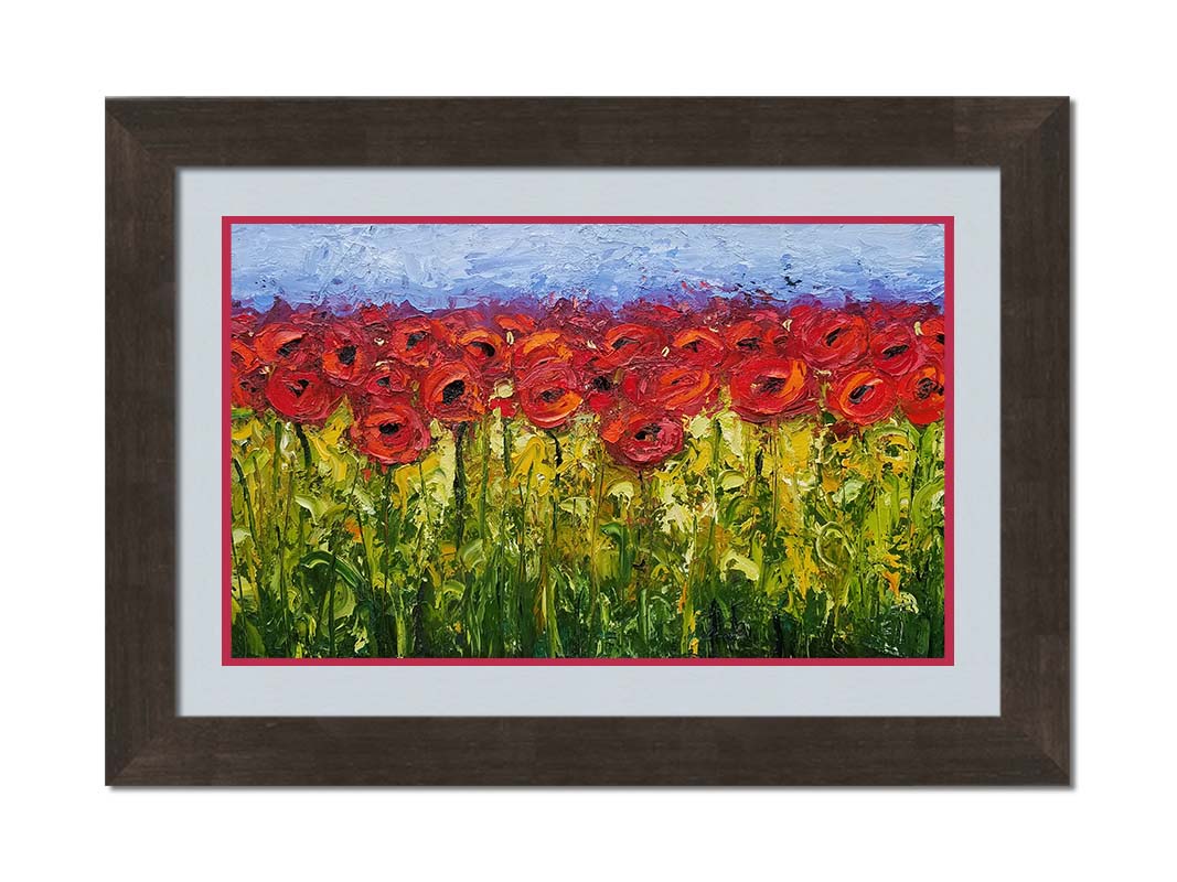 A highly textured, vibrant painting of a field of bright red poppy flowers. Printed on paper, matted, and framed.