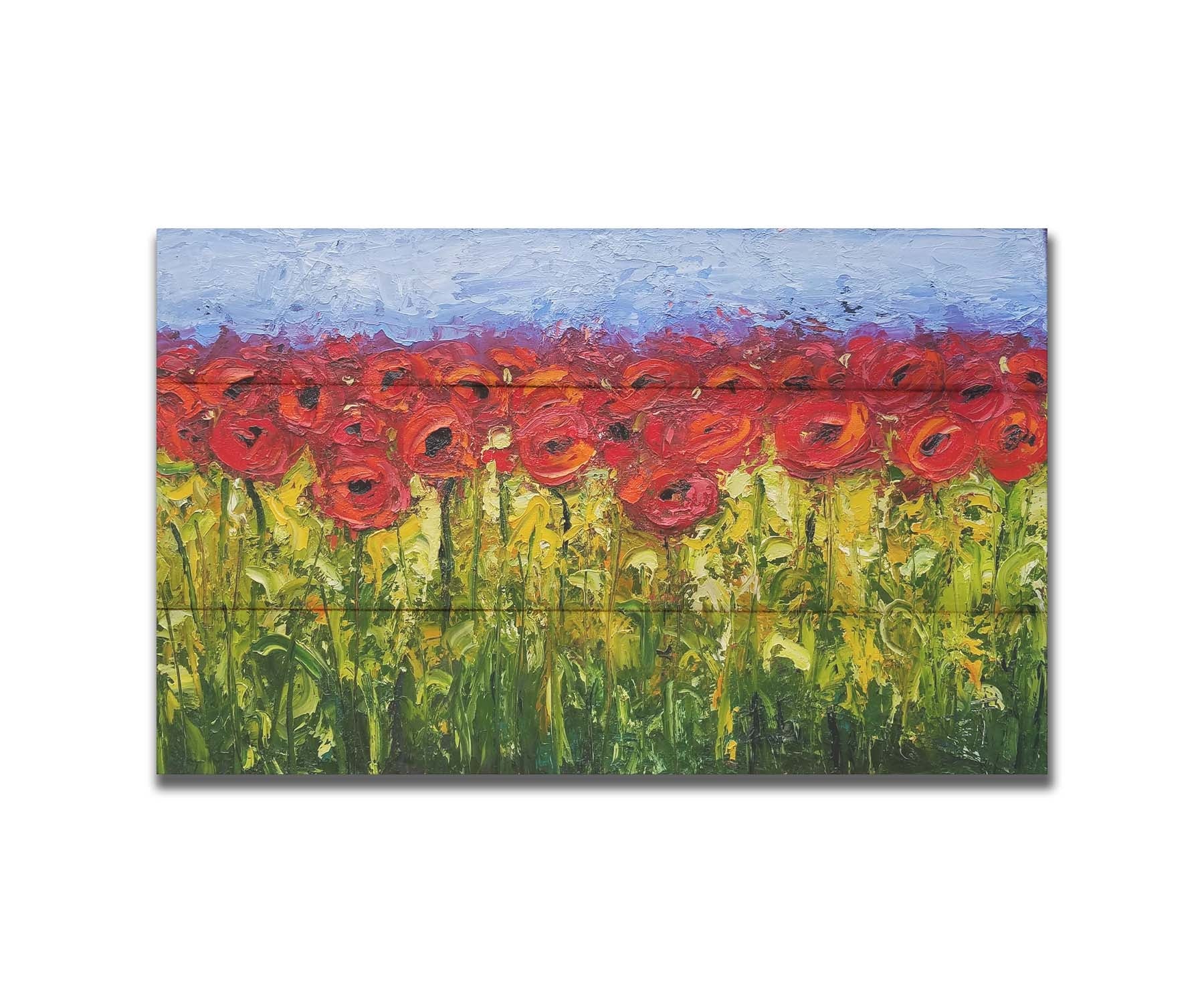 A highly textured, vibrant painting of a field of bright red poppy flowers. Printed on a box board.