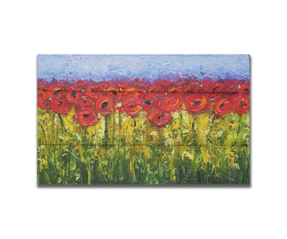 A highly textured, vibrant painting of a field of bright red poppy flowers. Printed on a box board.