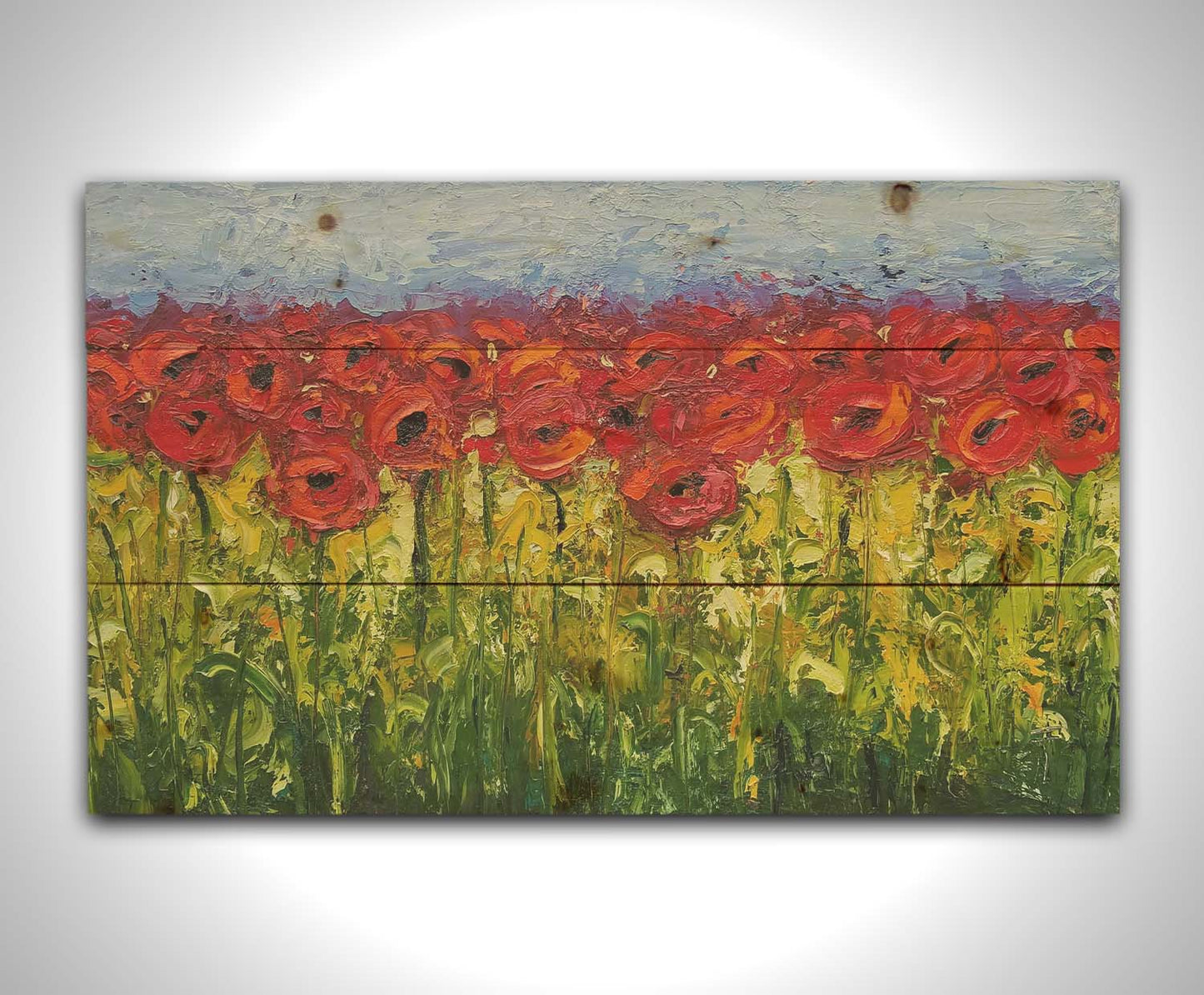 A highly textured, vibrant painting of a field of bright red poppy flowers. Printed on a wood pallet.