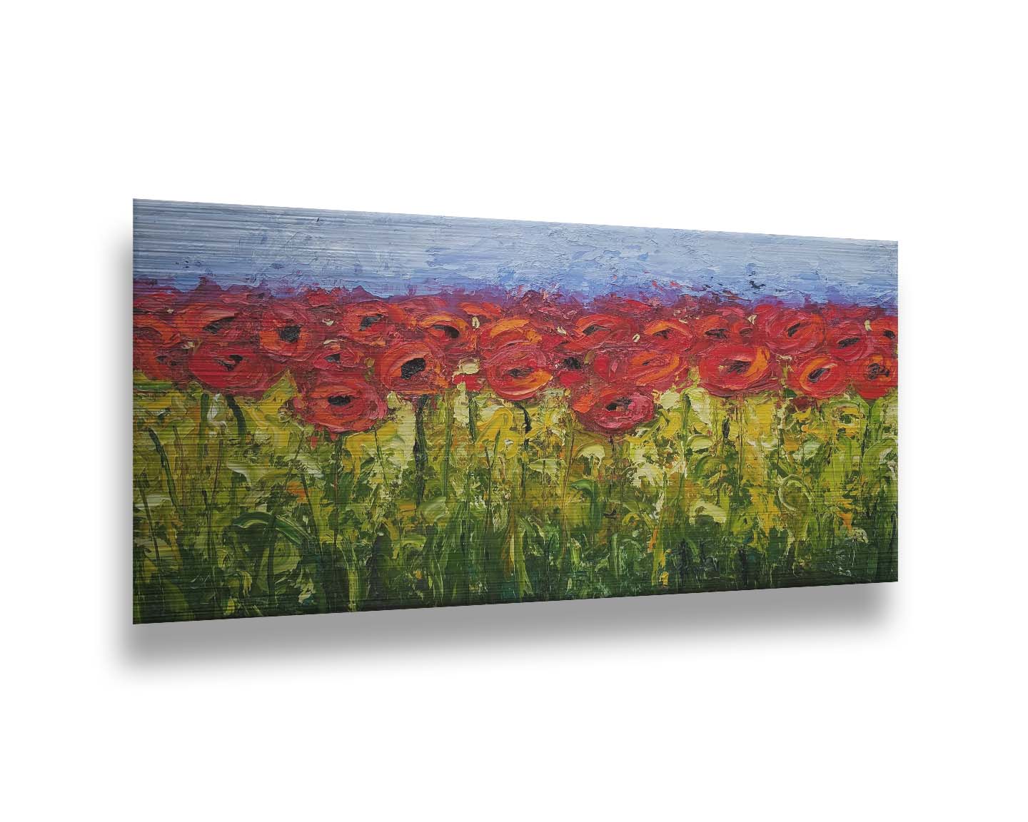 A highly textured, vibrant painting of a field of bright red poppy flowers. Printed on metal.