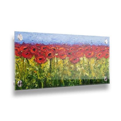 A highly textured, vibrant painting of a field of bright red poppy flowers. Printed on acrylic.