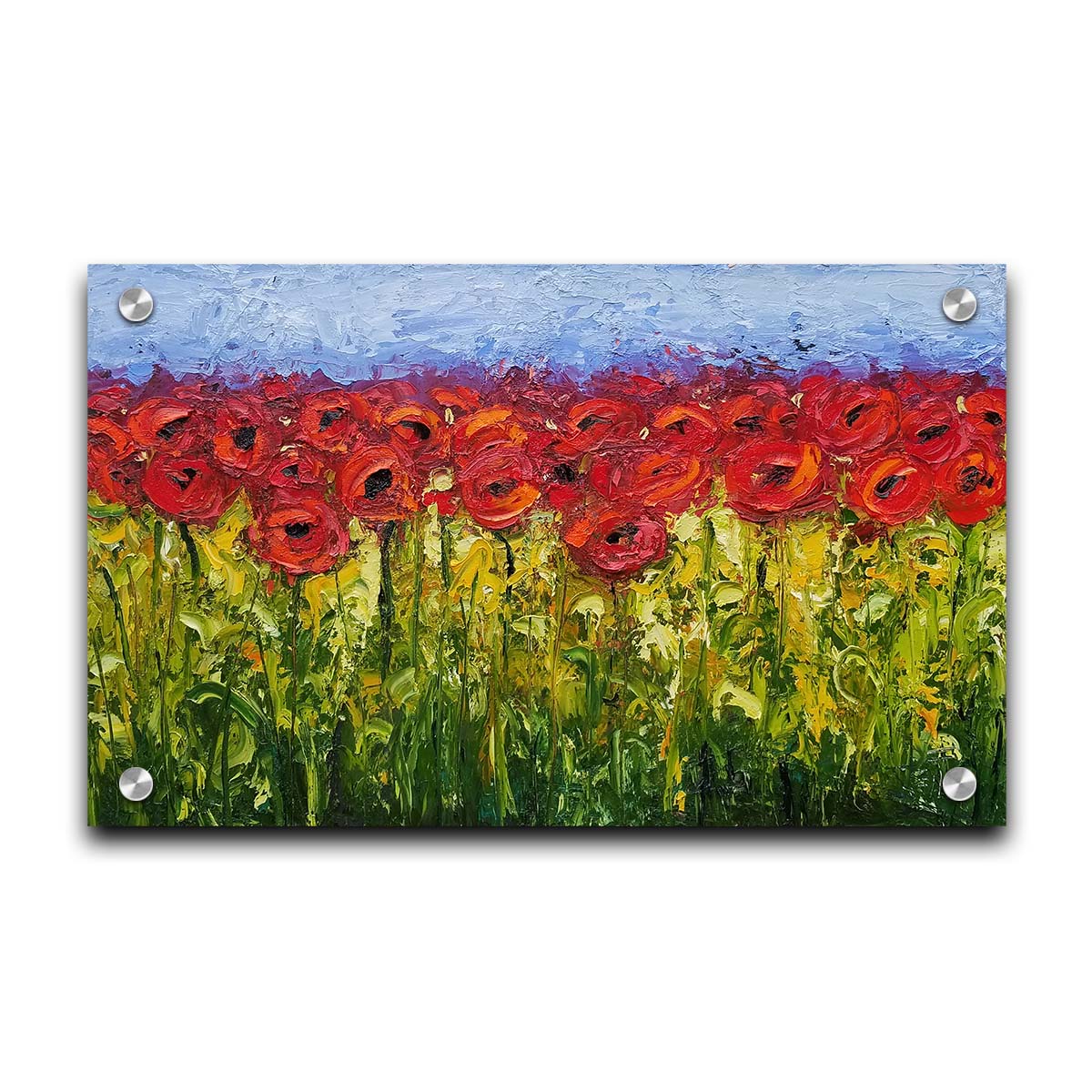 A highly textured, vibrant painting of a field of bright red poppy flowers. Printed on acrylic.