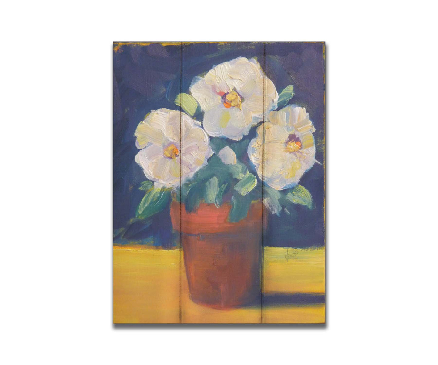 A painting of three white flowers in an orange clay pot. It is sitting on a yellow surface against a dark blue bathroom. Printed on a box board