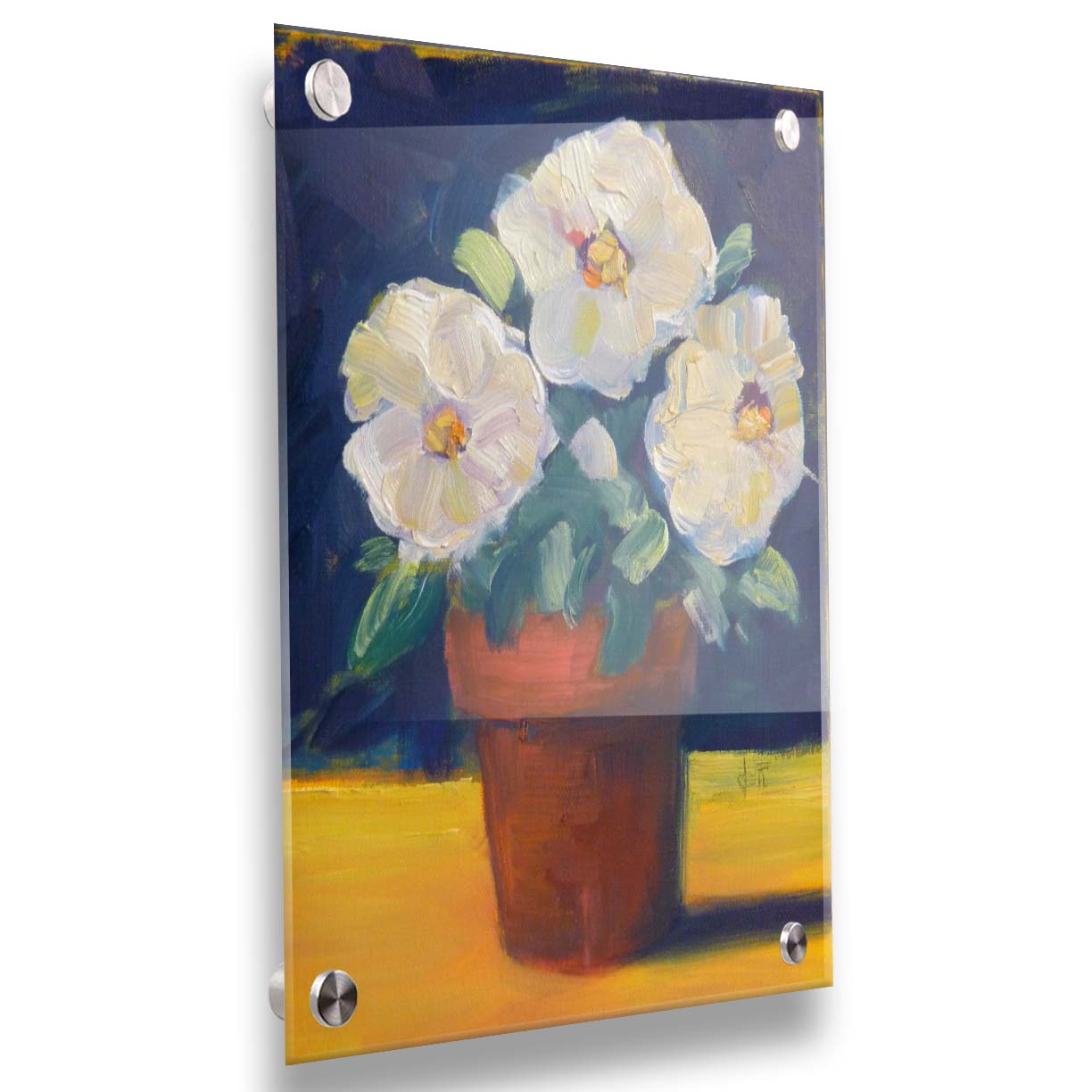 A painting of three white flowers in an orange clay pot. It is sitting on a yellow surface against a dark blue bathroom. Printed on acrylic.