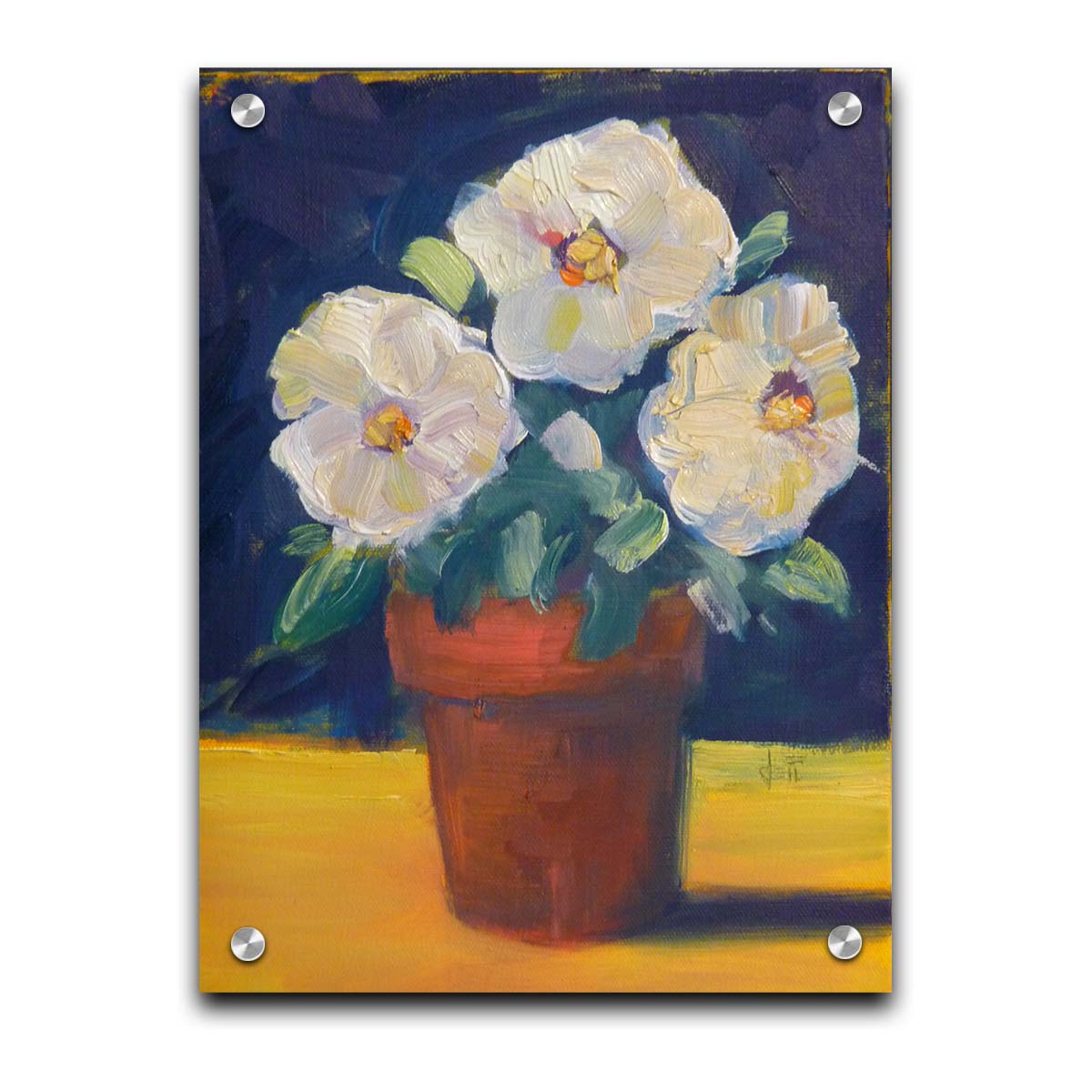 A painting of three white flowers in an orange clay pot. It is sitting on a yellow surface against a dark blue bathroom. Printed on acrylic.