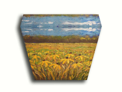 A painting of an expansive field of yellow coneflowers, bordered by woods on the horizon. Printed on canvas.