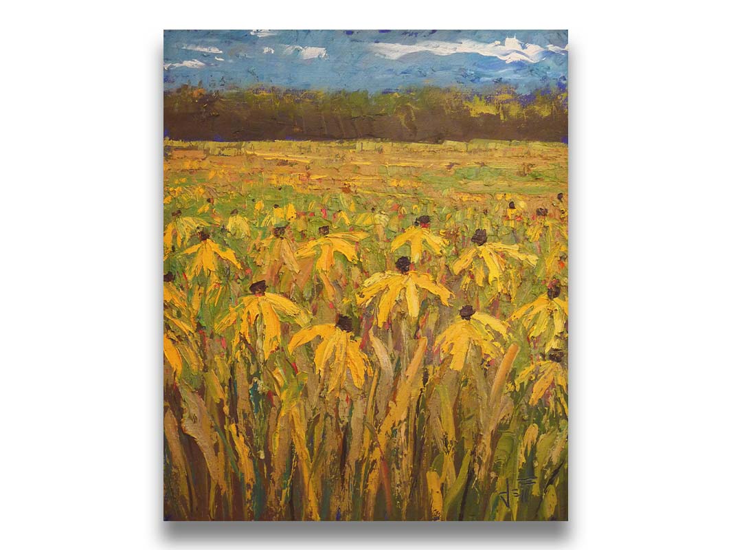 A painting of an expansive field of yellow coneflowers, bordered by woods on the horizon. Printed on canvas.