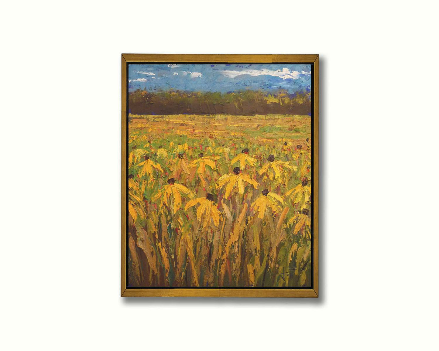 A painting of an expansive field of yellow coneflowers, bordered by woods on the horizon. Printed on canvas in a float frame.