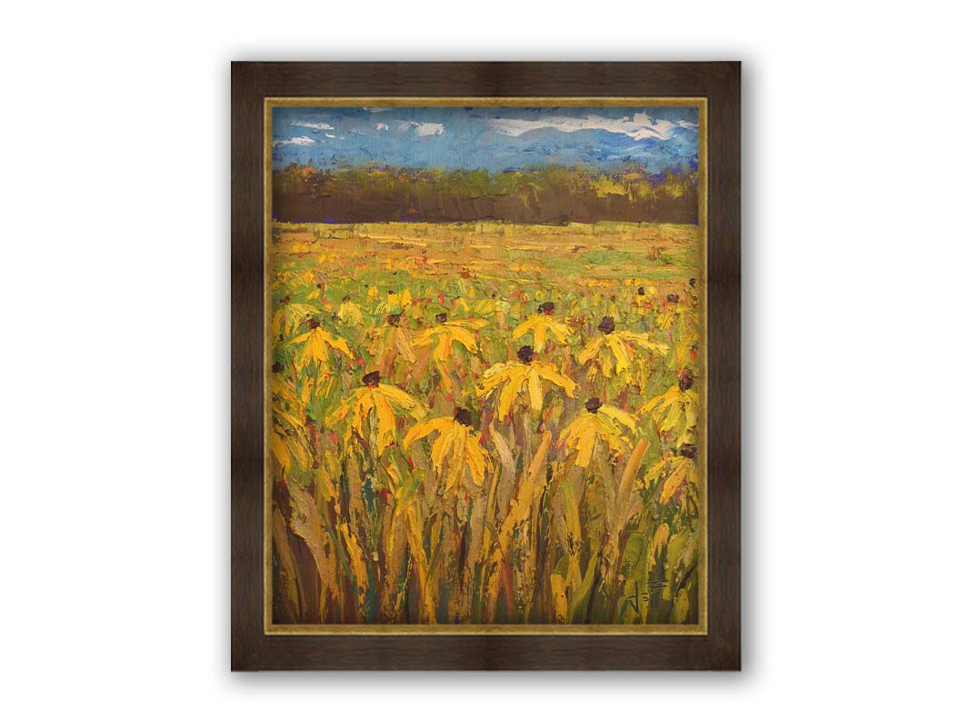 A painting of an expansive field of yellow coneflowers, bordered by woods on the horizon. Printed on canvas and framed.