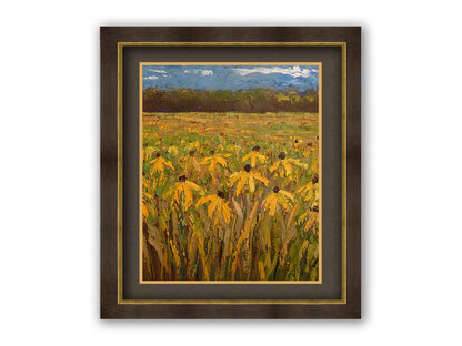 A painting of an expansive field of yellow coneflowers, bordered by woods on the horizon. Printed on paper, matted, and framed.