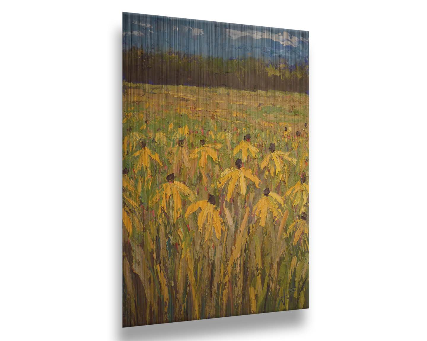 A painting of an expansive field of yellow coneflowers, bordered by woods on the horizon. Printed on metal.