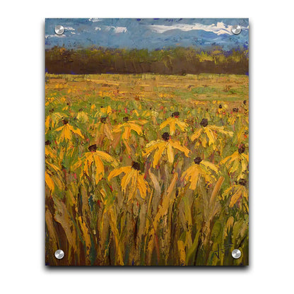 A painting of an expansive field of yellow coneflowers, bordered by woods on the horizon. Printed on acrylic.