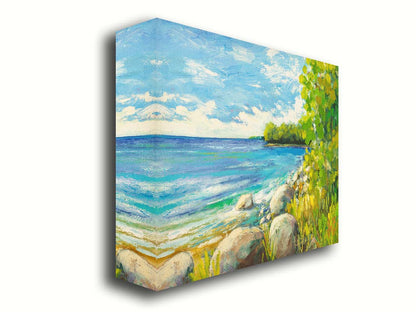 A painting of a calm bayside view. Bright green trees and foliage line the shore alongside smooth gray stones, and a blue sky with fluffy clouds reflects off smooth waters. Printed on canvas.