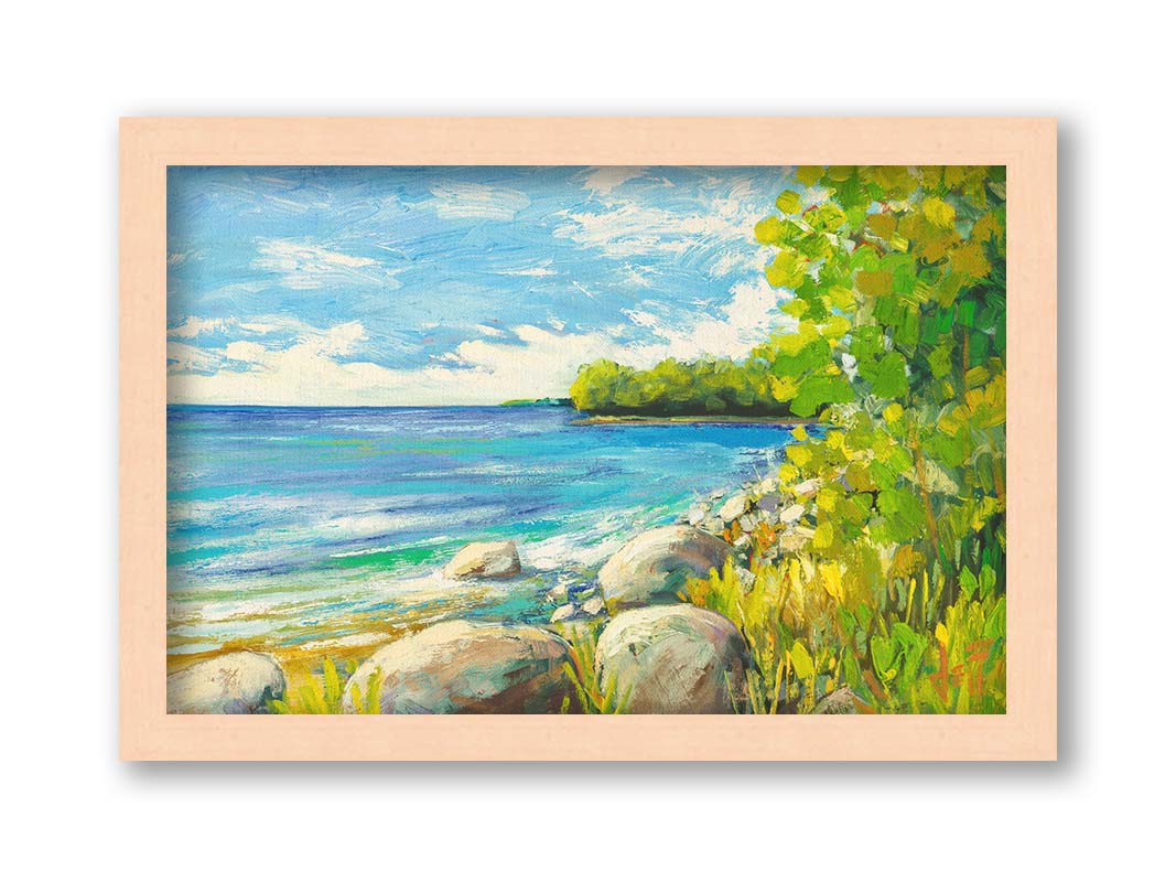 A painting of a calm bayside view. Bright green trees and foliage line the shore alongside smooth gray stones, and a blue sky with fluffy clouds reflects off smooth waters. Printed on canvas and framed.