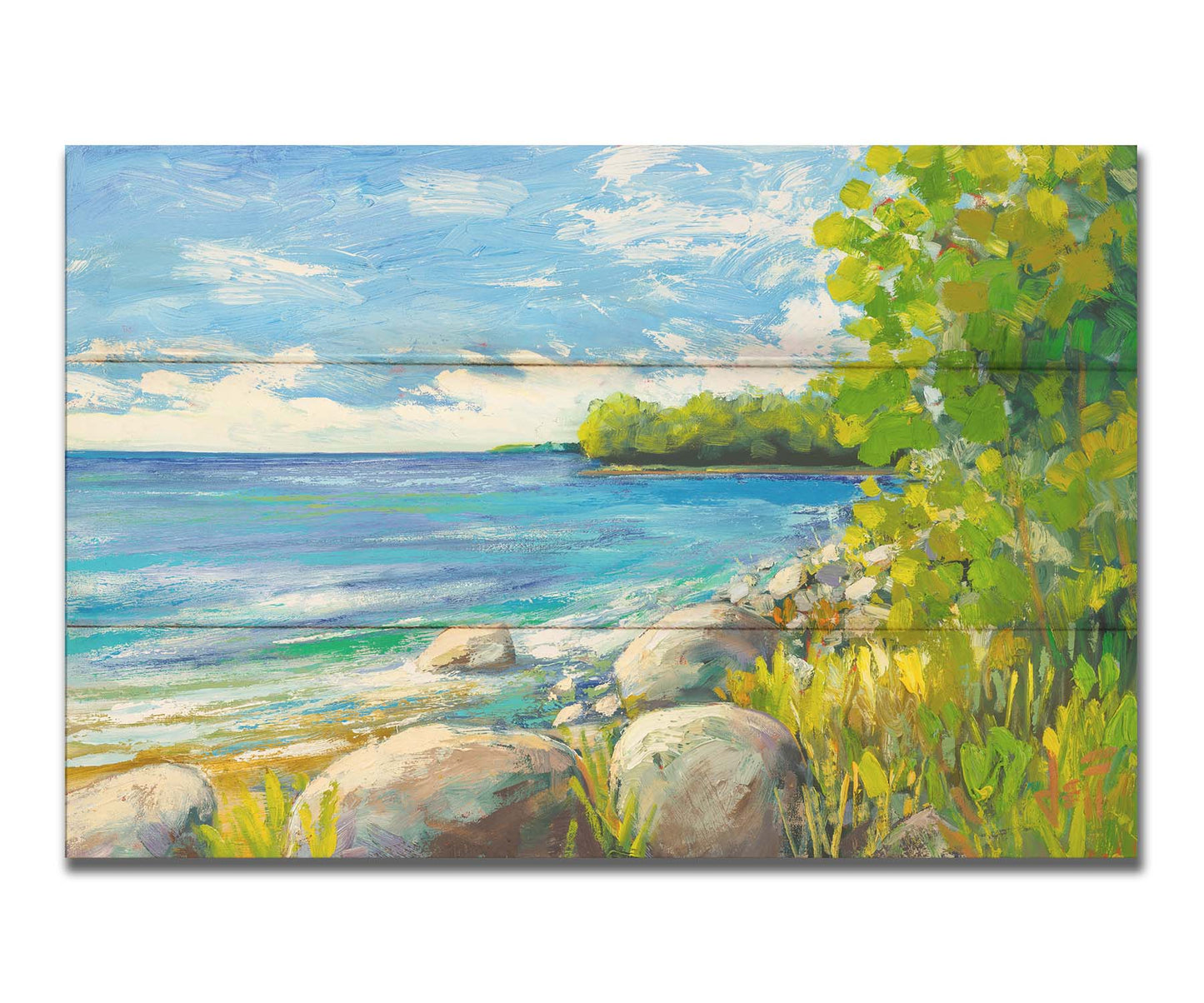 A painting of a calm bayside view. Bright green trees and foliage line the shore alongside smooth gray stones, and a blue sky with fluffy clouds reflects off smooth waters. Printed on a box board.