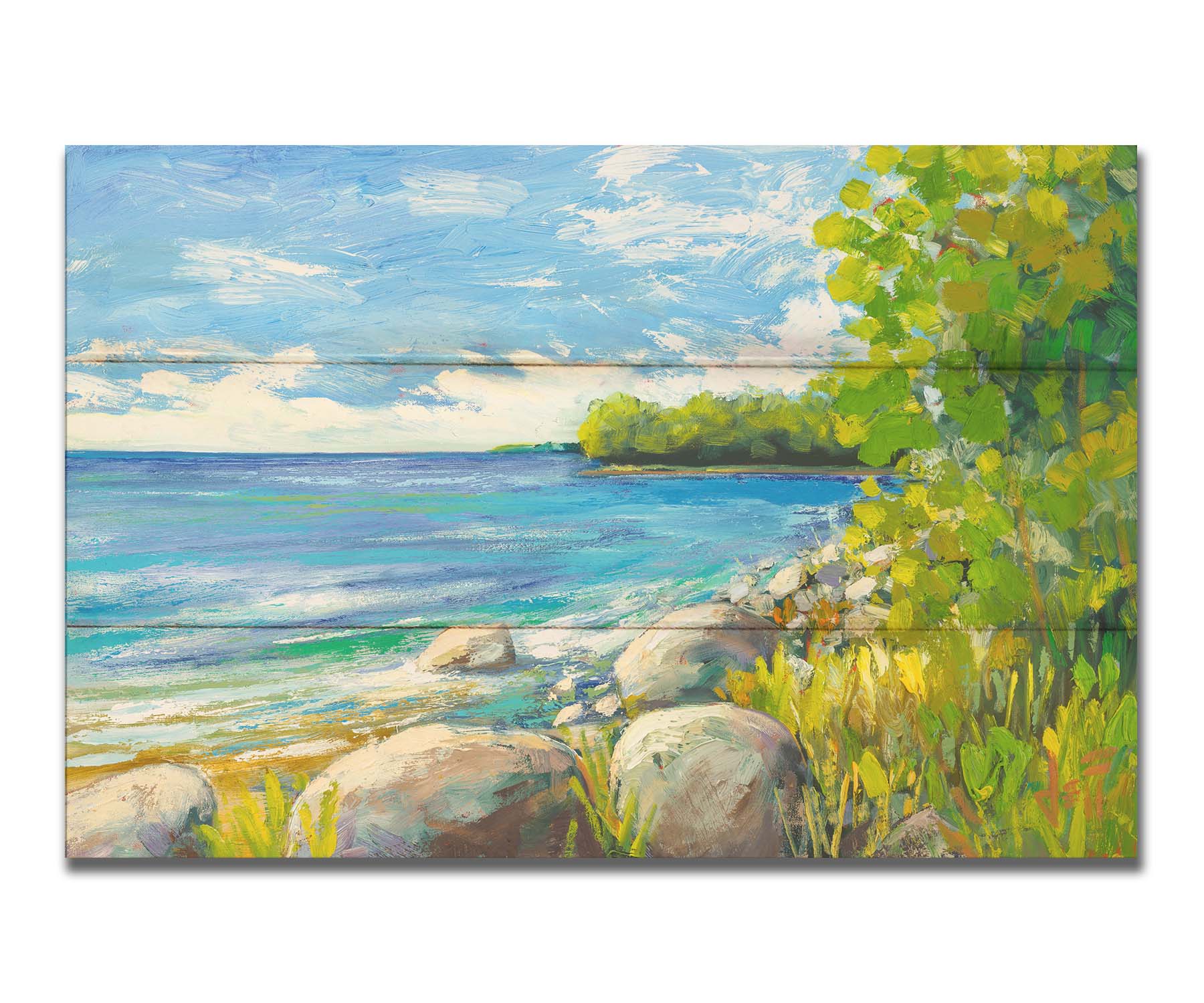 A painting of a calm bayside view. Bright green trees and foliage line the shore alongside smooth gray stones, and a blue sky with fluffy clouds reflects off smooth waters. Printed on a box board.