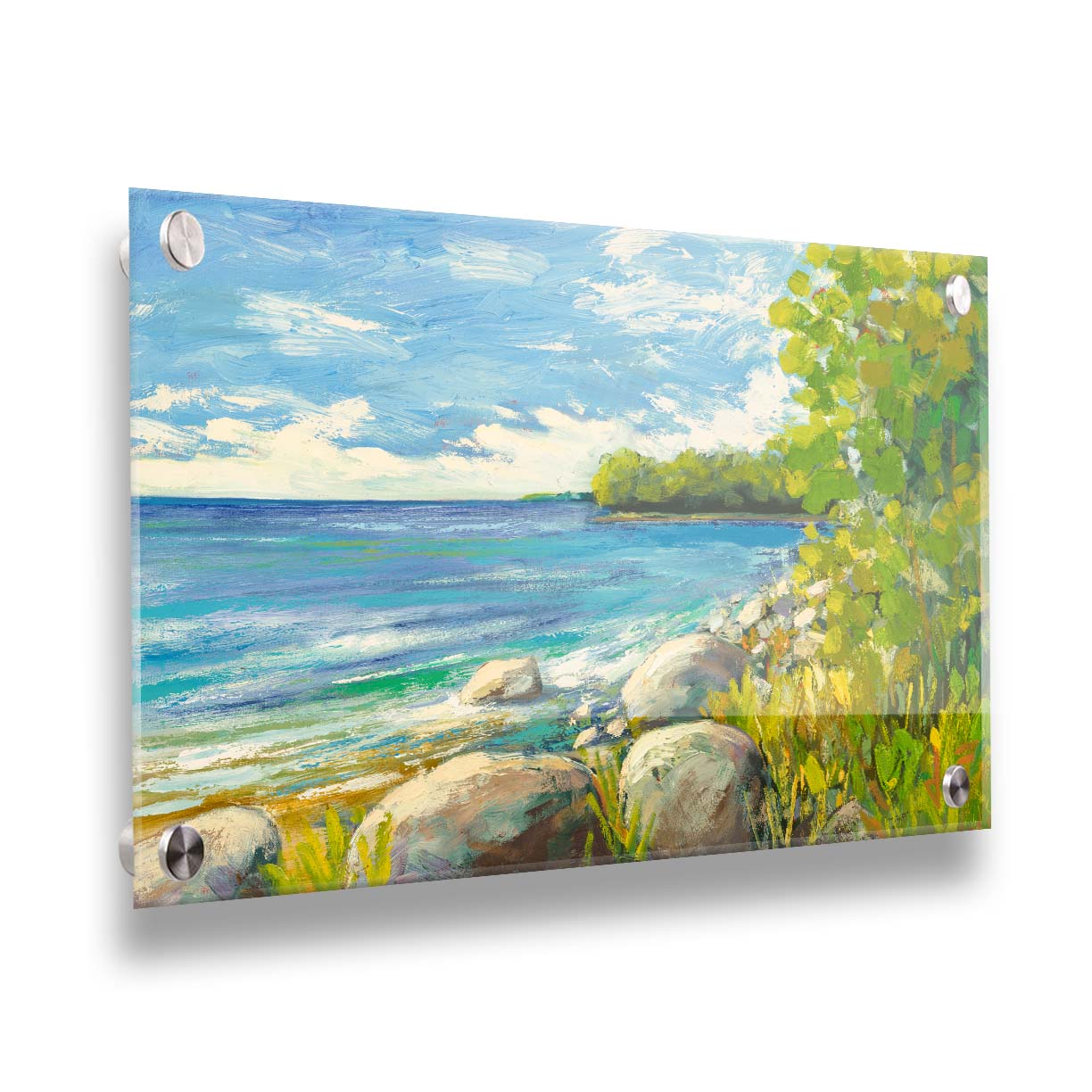 A painting of a calm bayside view. Bright green trees and foliage line the shore alongside smooth gray stones, and a blue sky with fluffy clouds reflects off smooth waters. Printed on acrylic.