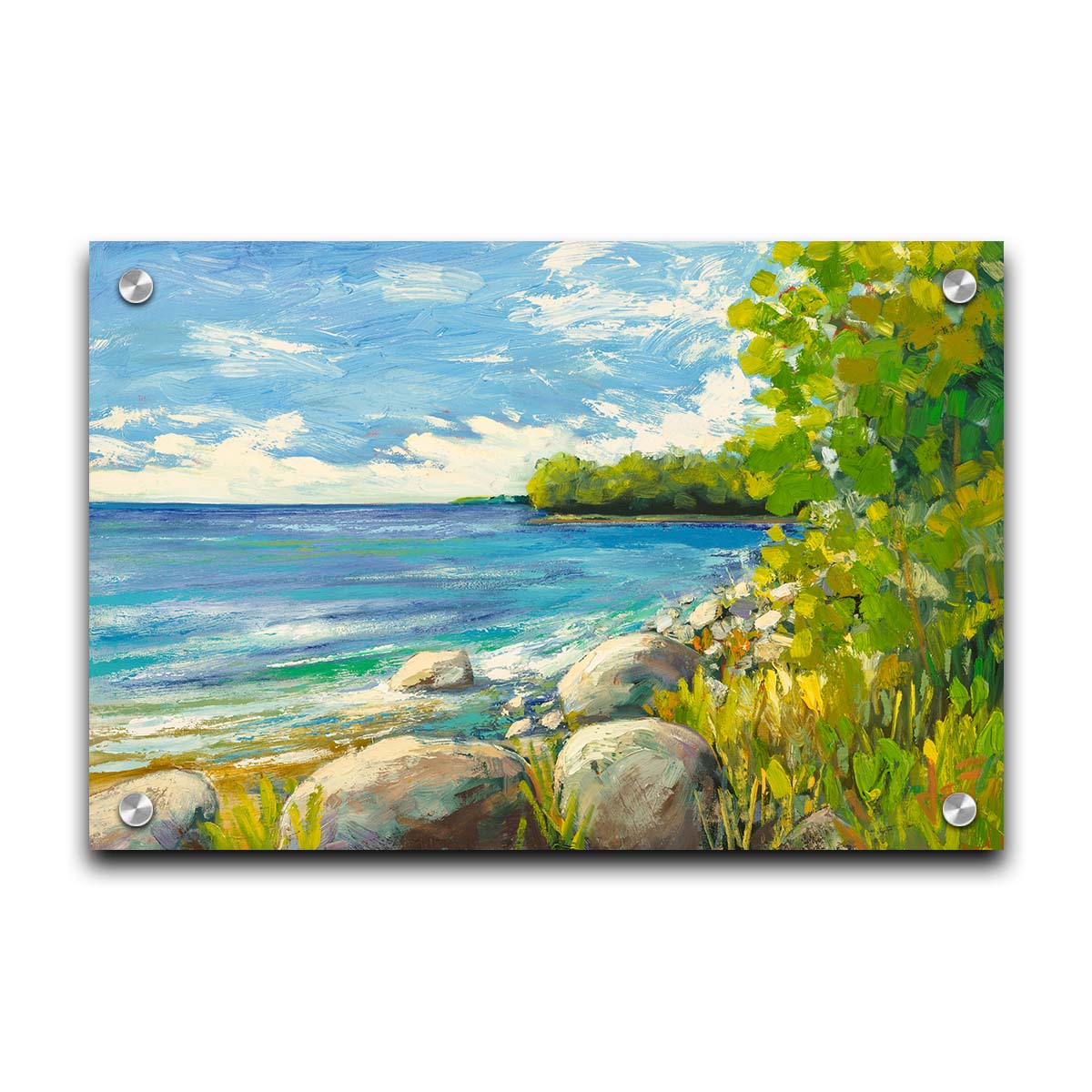 A painting of a calm bayside view. Bright green trees and foliage line the shore alongside smooth gray stones, and a blue sky with fluffy clouds reflects off smooth waters. Printed on acrylic.