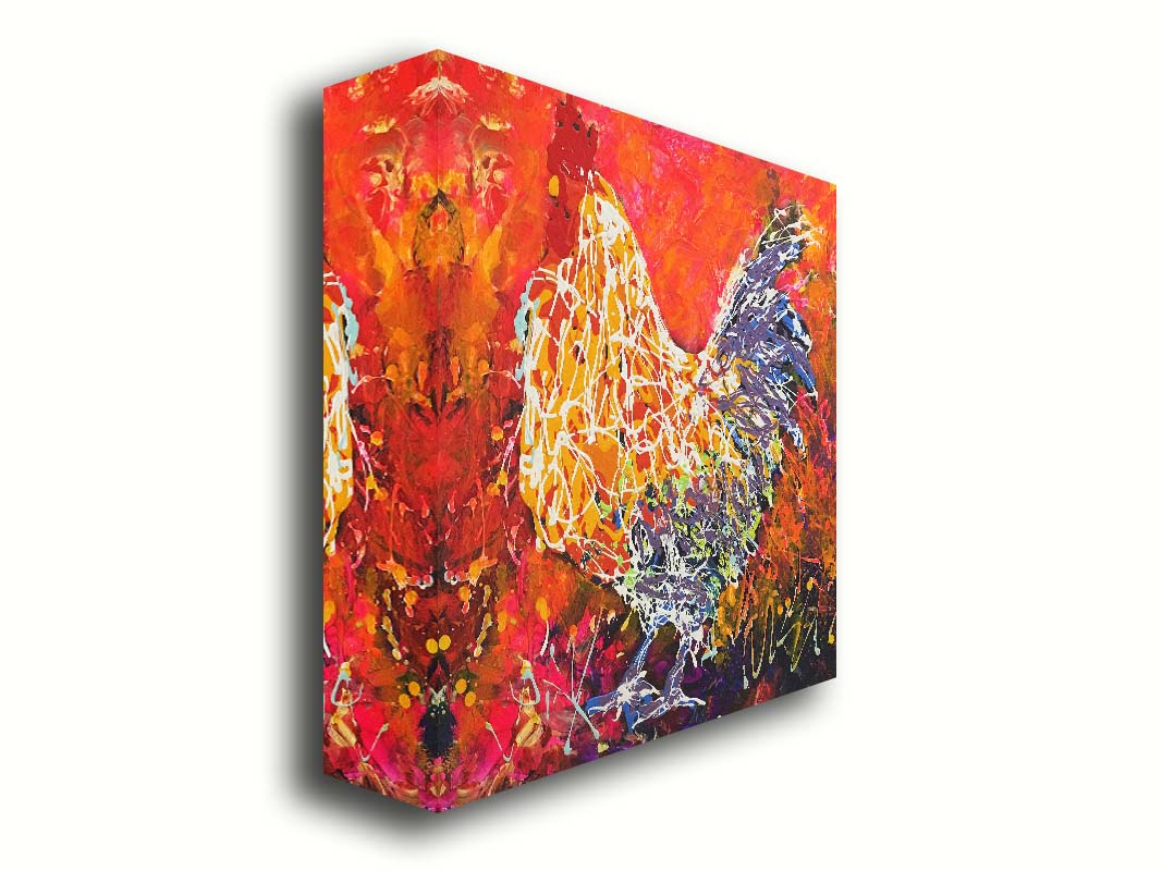 A drip painting of a rooster against a textured red, orange, pink, and purple background. Using the same palette, with the addition of white, a rooster's silhouette is formed with paint drizzled onto the substrate. Printed on canvas.