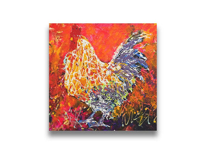 A drip painting of a rooster against a textured red, orange, pink, and purple background. Using the same palette, with the addition of white, a rooster's silhouette is formed with paint drizzled onto the substrate. Printed on canvas.