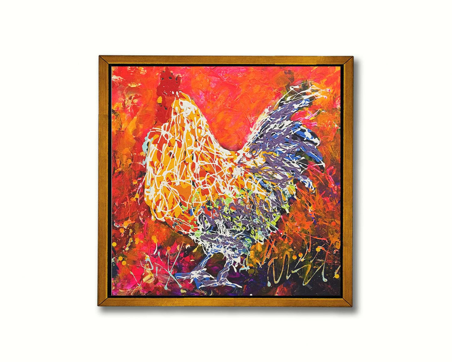 A drip painting of a rooster against a textured red, orange, pink, and purple background. Using the same palette, with the addition of white, a rooster's silhouette is formed with paint drizzled onto the substrate. Printed on canvas in a float frame.