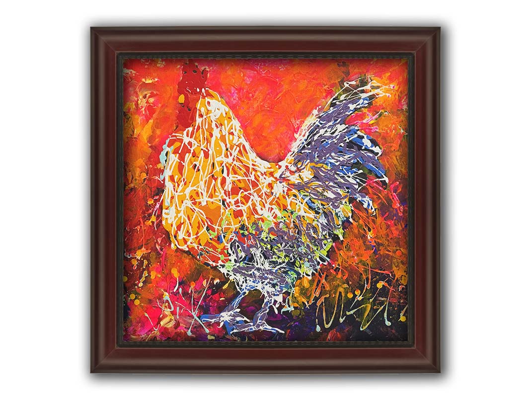 A drip painting of a rooster against a textured red, orange, pink, and purple background. Using the same palette, with the addition of white, a rooster's silhouette is formed with paint drizzled onto the substrate. Printed on canvas and framed.