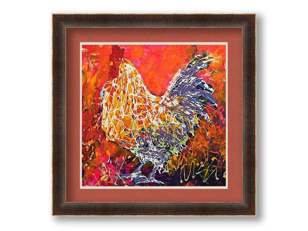 A drip painting of a rooster against a textured red, orange, pink, and purple background. Using the same palette, with the addition of white, a rooster's silhouette is formed with paint drizzled onto the substrate. Printed on paper, matted, and framed.