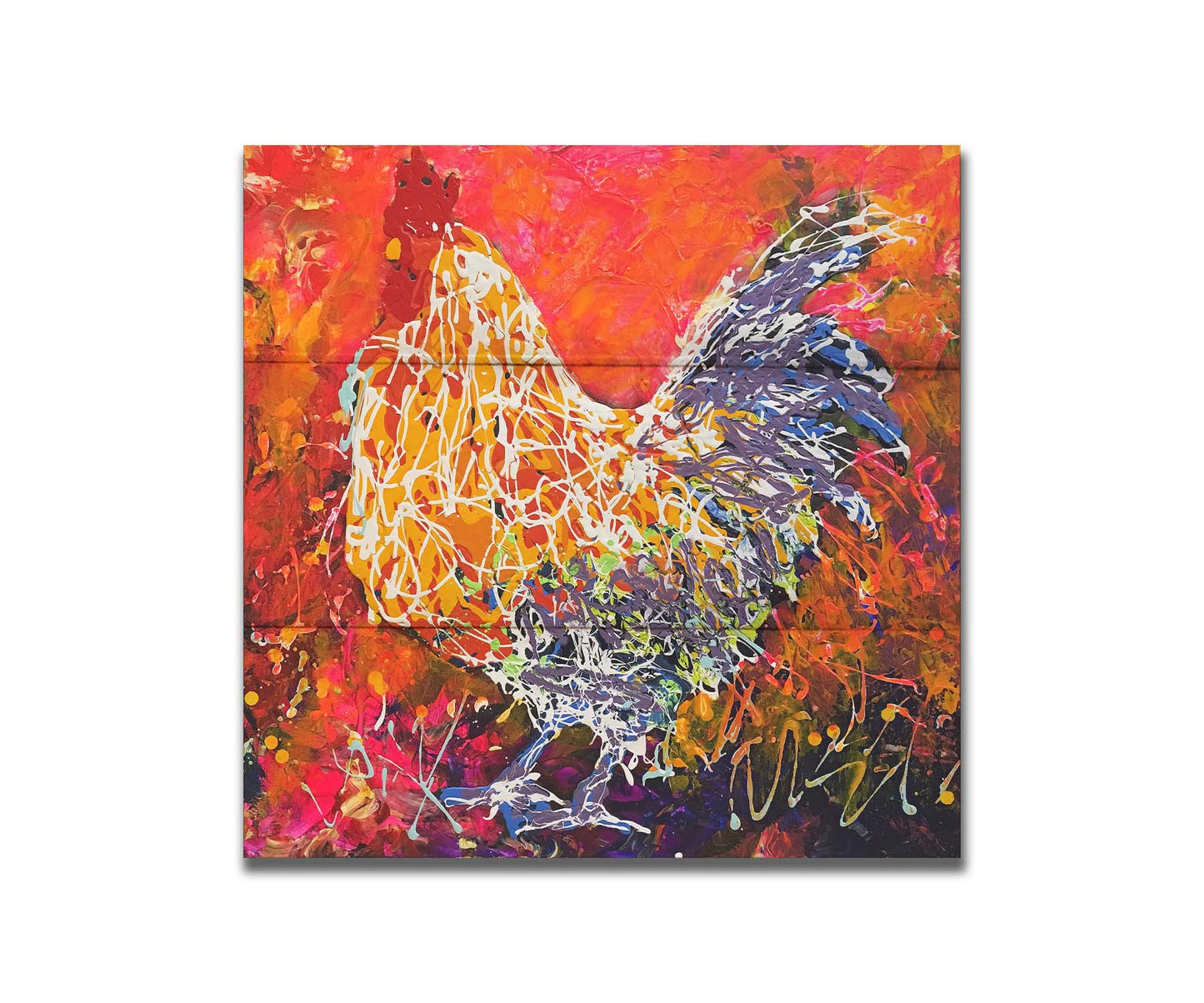 A drip painting of a rooster against a textured red, orange, pink, and purple background. Using the same palette, with the addition of white, a rooster's silhouette is formed with paint drizzled onto the substrate. Printed on a box board.