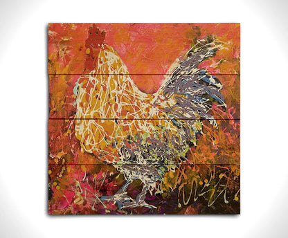 A drip painting of a rooster against a textured red, orange, pink, and purple background. Using the same palette, with the addition of white, a rooster's silhouette is formed with paint drizzled onto the substrate. Printed on a wood pallet.