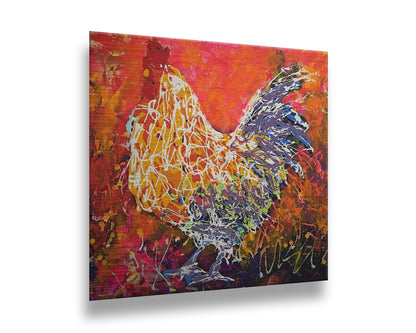 A drip painting of a rooster against a textured red, orange, pink, and purple background. Using the same palette, with the addition of white, a rooster's silhouette is formed with paint drizzled onto the substrate. Printed on metal.