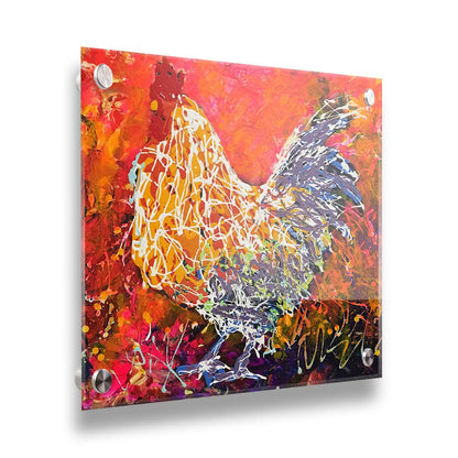 A drip painting of a rooster against a textured red, orange, pink, and purple background. Using the same palette, with the addition of white, a rooster's silhouette is formed with paint drizzled onto the substrate. Printed on acrylic.