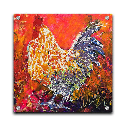 A drip painting of a rooster against a textured red, orange, pink, and purple background. Using the same palette, with the addition of white, a rooster's silhouette is formed with paint drizzled onto the substrate. Printed on acrylic.