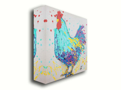 A drip painting, created with drizzles and splatters of paint, of a striking cyan rooster with accents of magenta and yellow. Printed on canvas.