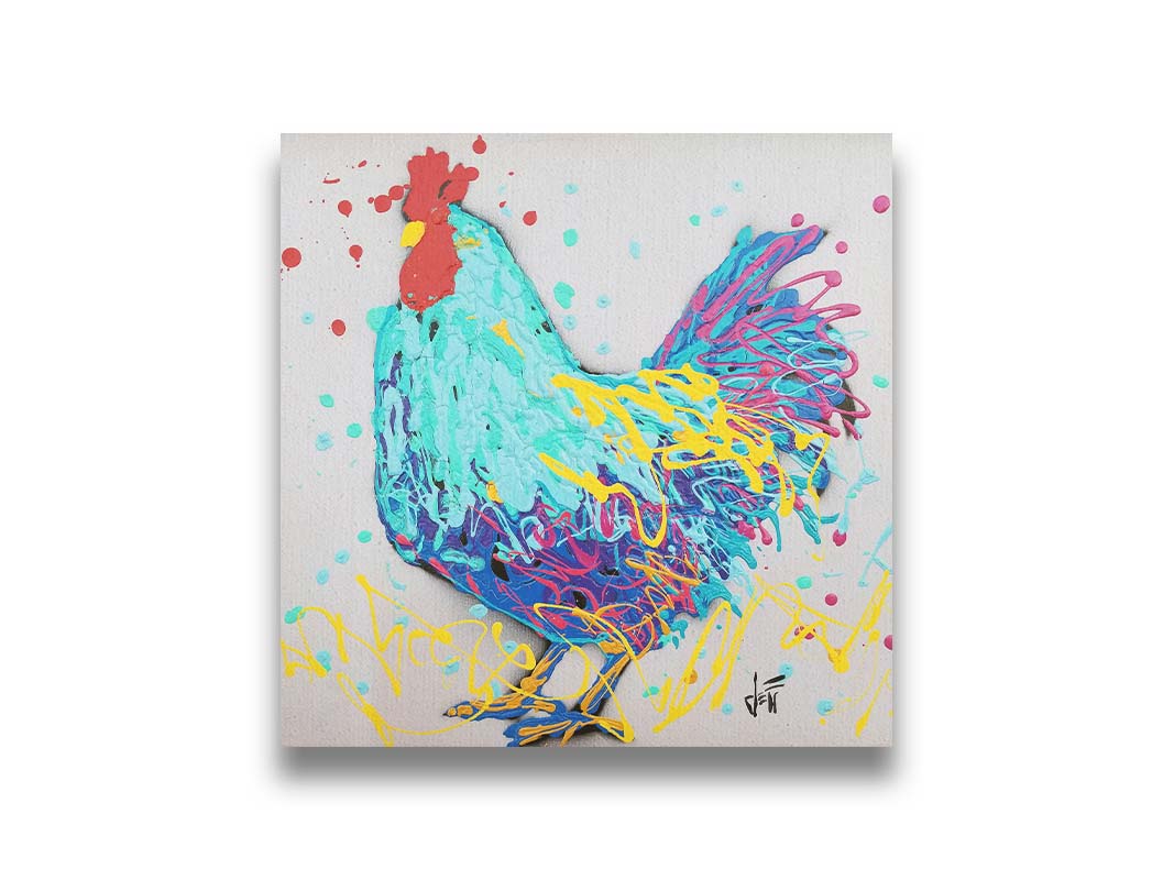 A drip painting, created with drizzles and splatters of paint, of a striking cyan rooster with accents of magenta and yellow. Printed on canvas.