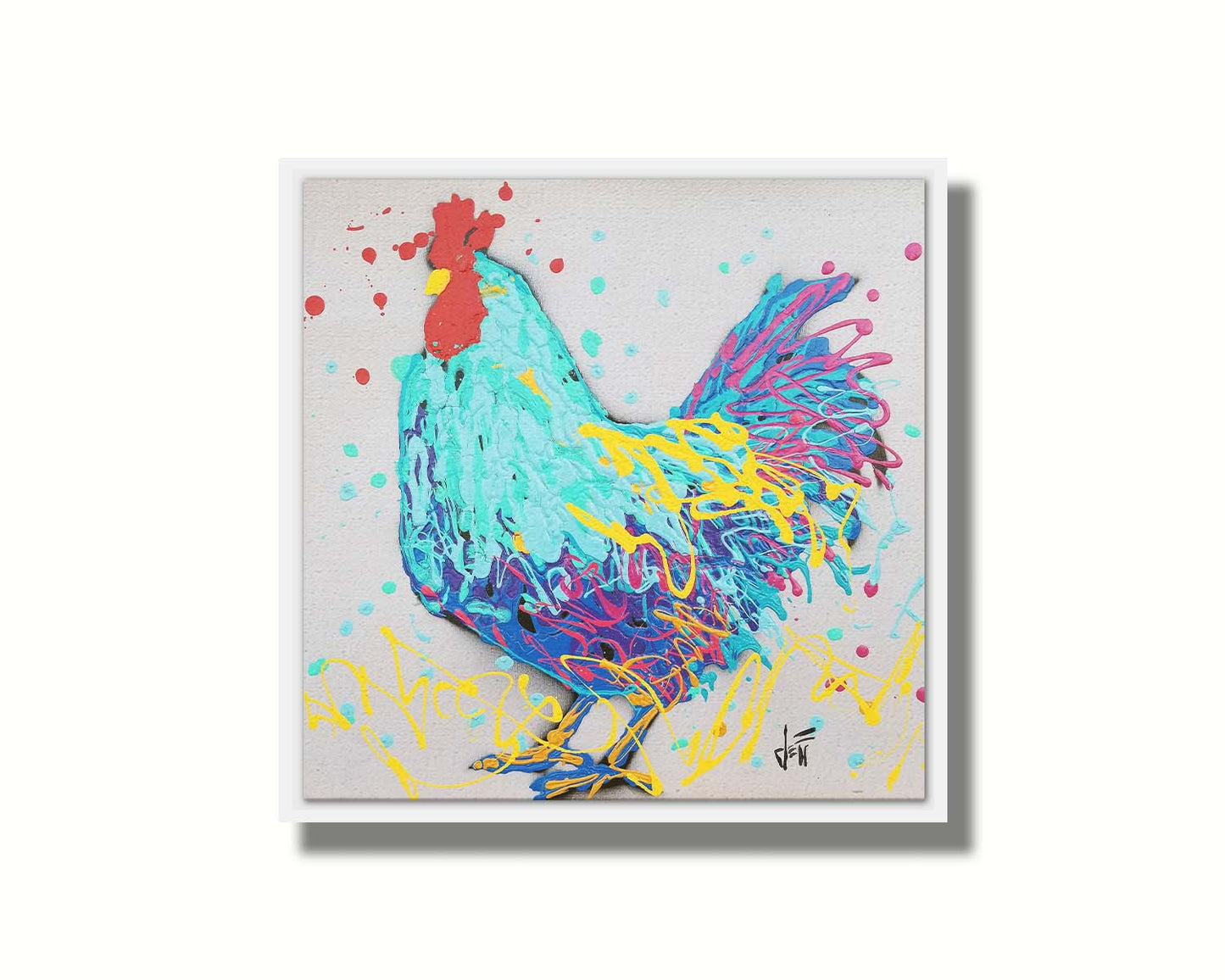 A drip painting, created with drizzles and splatters of paint, of a striking cyan rooster with accents of magenta and yellow. Printed on canvas in a float frame.