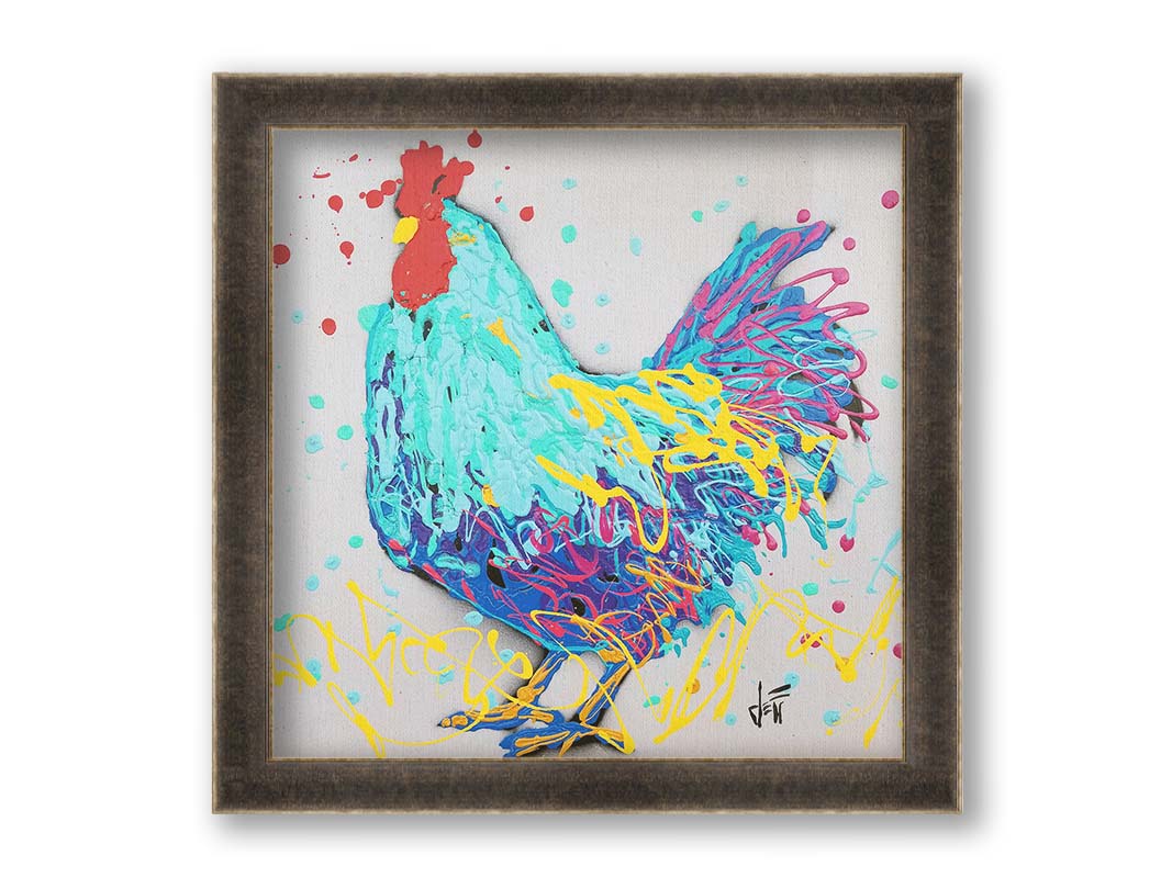 A drip painting, created with drizzles and splatters of paint, of a striking cyan rooster with accents of magenta and yellow. Printed on canvas and framed.